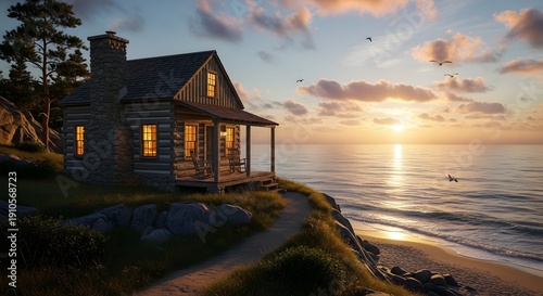 Seaside scenery with cabins. Generative AI.