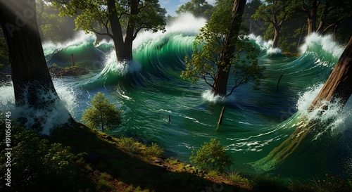Wave scenery in the forest. Generative AI.