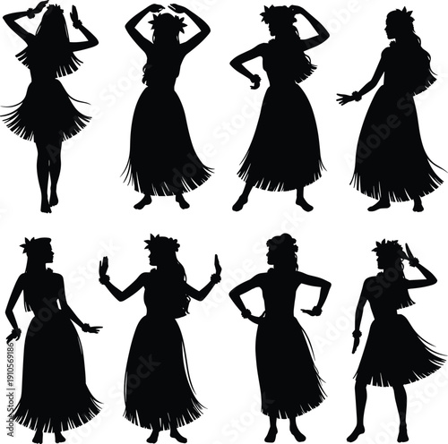Hawaiian hula dance silhouette collection, Polynesian female dancers in traditional grass skirts isolated on white background vector illustration for tropical cultural design
