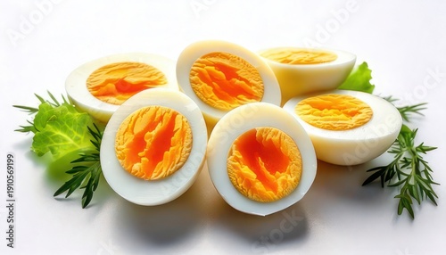 Close-up of sliced hard-boiled eggs with vibrant orange yolks, surrounded by fresh green herbs, on a white surface.