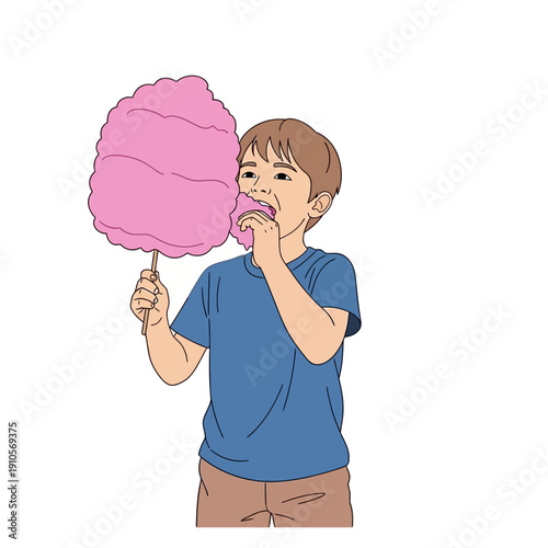 A young boy enjoying a large pink cotton candy at a fun event.