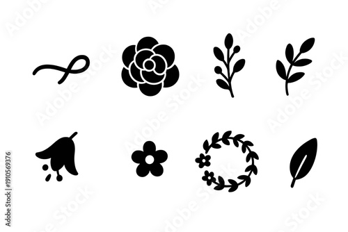 Birthday Floral Icons. Birthday Greeting Floral Design. Filled icon set of Birthday Greeting Floral Design: