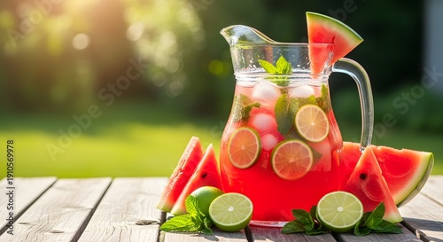 Watermelon lime cooler is perfectly garnished with mint and served in a glass pitcher outdoors on a sunny summer.