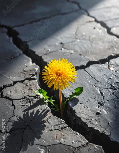 Vibrant dandelion flower in cracked concrete under bright sunlight