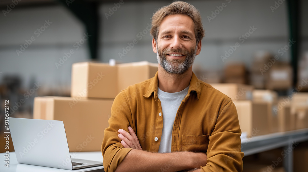 Obraz premium Smiling businessman standing confidently in small warehouse surrounded by packages, laptop on table, distribution business owner, logistics entrepreneur, defocused storage backgrou