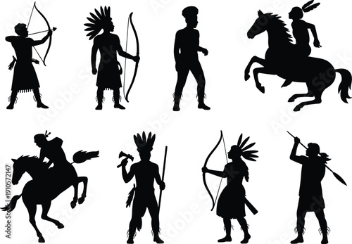 Native American warrior silhouettes collection, tribal archer and horseback hunter figures in traditional headdress, vintage vector illustration set isolated on white background