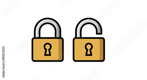 Two golden padlocks with keyholes, one unlocked and one locked, symbolizing security and privacy in a digital age on a clean white background from a front viewpoint