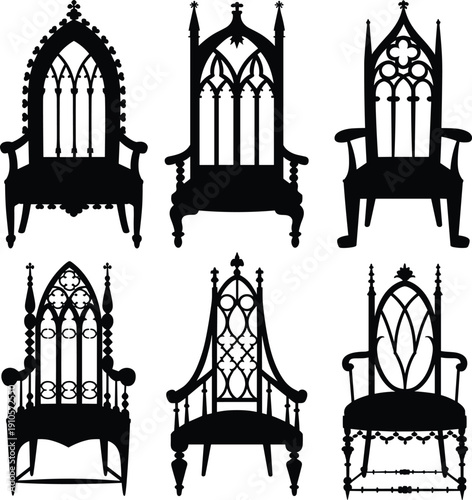 Ornate gothic throne chair silhouettes vector collection, medieval high back royal seating furniture isolated on white background for dramatic vintage interior design