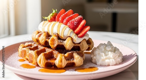 Two Belgian waffles topped with sliced strawberries, whipped cream, and maple syrup on a pink plate.