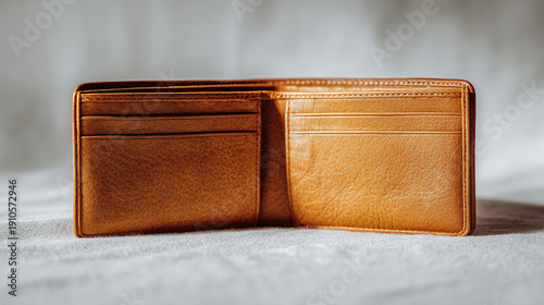 Empty Wallet's Story: An open, empty wallet, showcasing its compartments, a symbol of frugality or perhaps financial transition. The rich texture of the leather invites contemplation.