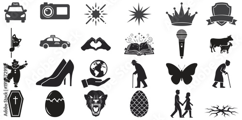 Iconic Elements in Silhouette: A curated collection of diverse vector icons elegantly presented in a classic black and white style, suitable for various design projects and concepts. 