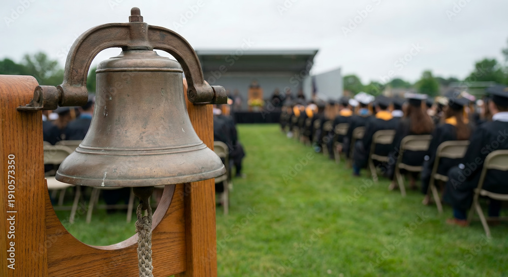 Fototapeta premium Graduation bell ringing at outdoor ceremony with attendees seated 