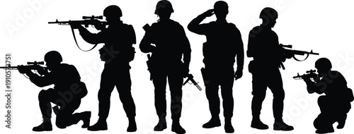 Set of black military soldier silhouettes in combat and standing poses vector illustration isolated on white background for defense design and security projects