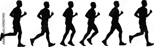Black silhouette set of a male athlete running in sequence showing various motion stages of jogging and sprinting isolated on a white background,