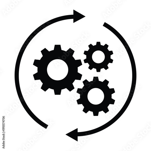 Black and white icon of interlocking gears enclosed in a circular arrow, symbolizing automation, workflow, engineering, and continuous process. Ideal for UI, infographics, and system design.