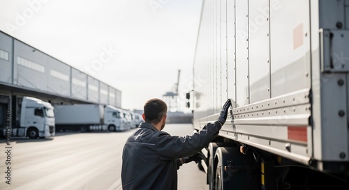 Experienced logistics professional performs a diligent pre-trip inspection on a large commercial semi-trailer at a busy transportation hub, ensuring secure cargo delivery