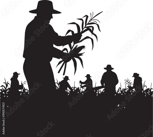 Silhouette of Farmers Harvesting Corn in a Field