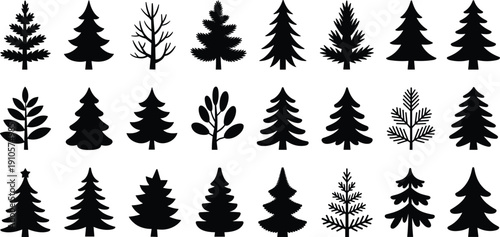Set of black pine and fir tree silhouette vector icons collection isolated on white background for forest design, winter themes, nature branding, and creative projects