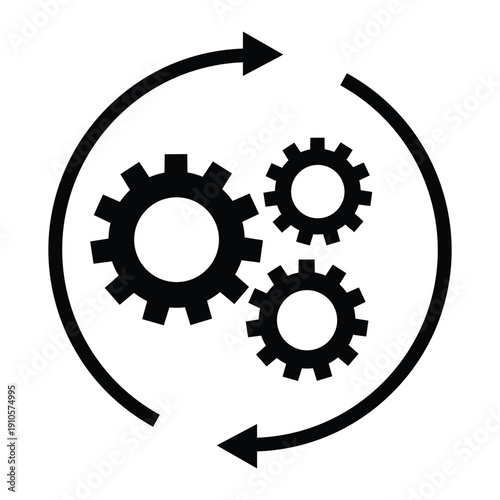 Black and white icon of interlocking gears enclosed in a circular arrow, symbolizing automation, workflow, engineering, and continuous process. Ideal for UI, infographics, and system design.