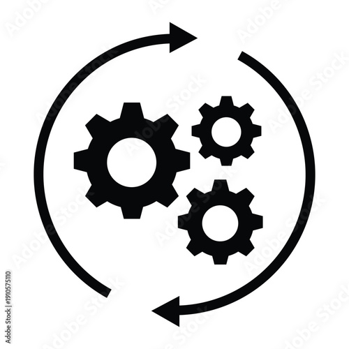 Black and white icon of interlocking gears enclosed in a circular arrow, symbolizing automation, workflow, engineering, and continuous process. Ideal for UI, infographics, and system design.