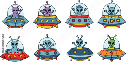 Cute alien characters in colorful UFO spaceships set, vector cartoon illustration of friendly extra-terrestrial creatures in flying saucers for kids graphic design projects