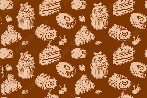Various types of cute hand-drawn cupcakes and cakes. Seamless pattern. Vector