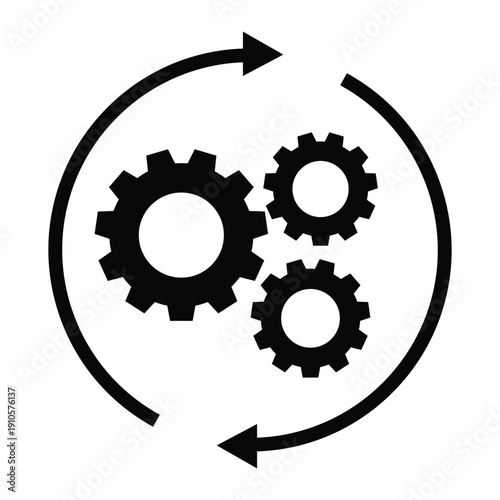 Black and white icon of interlocking gears enclosed in a circular arrow, symbolizing automation, workflow, engineering, and continuous process. Ideal for UI, infographics, and system design.