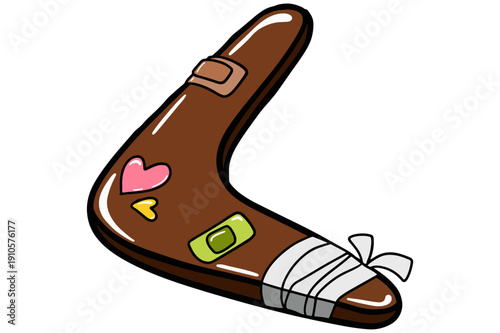 a wooden boomerang decorated with bandages, love stickers, and colorful plaster
