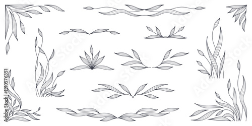 Floral frame in line art style set. Hand drawn botanical abstract decorative corners, borders, dividers with flowers, branches, and leaves. Vector illustration