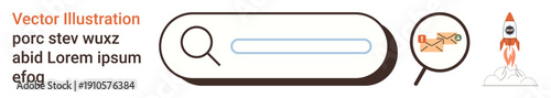 Internet navigation, technology concepts, email communication, online searches, innovation, startup growth. Search bar element with magnifying glass, email symbol and rocket. Internet navigation