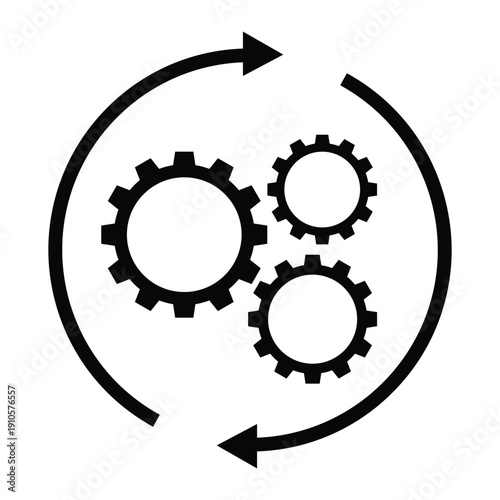 Black and white icon of interlocking gears enclosed in a circular arrow, symbolizing automation, workflow, engineering, and continuous process. Ideal for UI, infographics, and system design.