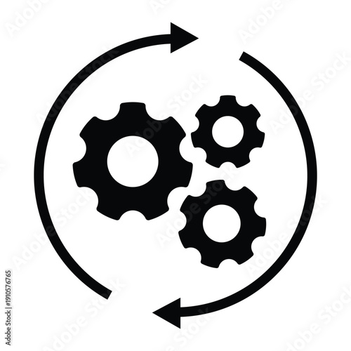 Black and white icon of interlocking gears enclosed in a circular arrow, symbolizing automation, workflow, engineering, and continuous process. Ideal for UI, infographics, and system design.