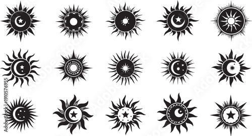 Collection of black sun and starburst icons and symbols