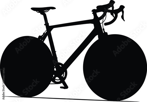 Silhouette bicycle illustration with large wheels, sleek frame, handlebars, and rider on a clean white background vector art