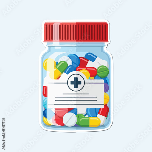 Medical Marvels in a Bottle: A close-up view of a glass bottle, filled with colorful pills, capsules and tablets, representing health and wellness. 