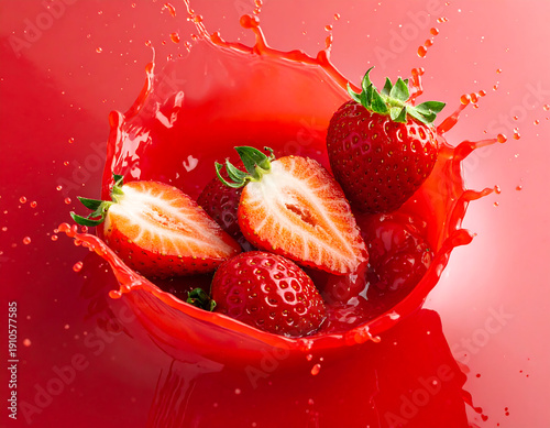 Wallpaper Mural Strawberries splashing. Red liquid bursts around whole & sliced juicy fruits, vivid color, and dynamic motion Torontodigital.ca