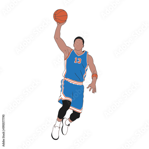 Dynamic Male Basketball Player Dunking the Ball Vector Illustration on White Background, Powerful Athletic Action Sport Concept