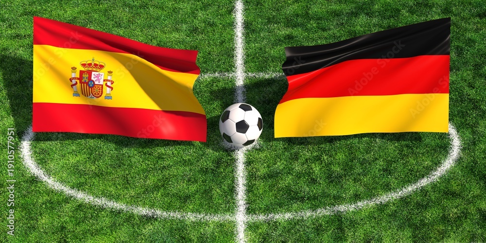 Fototapeta premium National flags of Spain and Germany with soccer ball on grass at center field