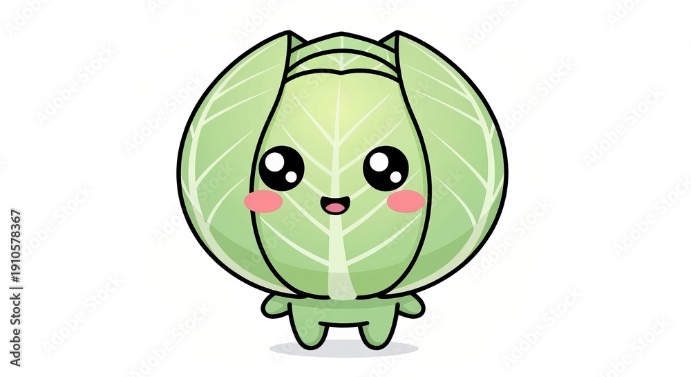 Obraz premium Delightful Animated Cabbage Character Design in Vector Style, Cute Food Sticker with Adorable Face