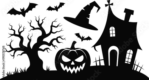 Halloween spooky haunted house silhouette with creepy tree pumpkin bats and witch hat dark gothic vector illustration background