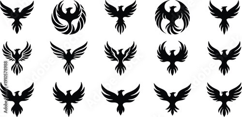 Phoenix bird silhouettes collection, black vector designs, mythical rebirth symbol artwork, fantasy creature logos, spiritual renewal, decorative illustration set