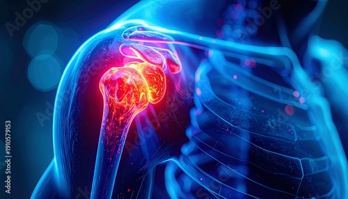 An artistic representation of a shoulder injury, with vibrant colors emphasizing pain and inflammation.