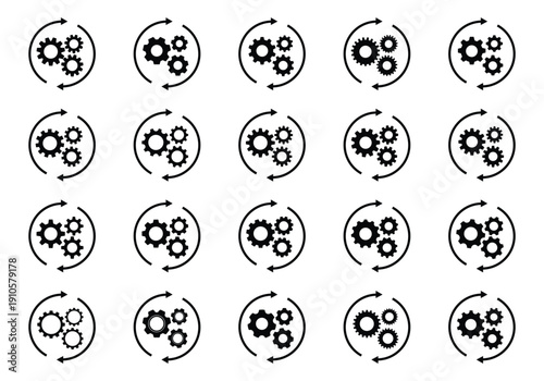 Set of gear and circular arrow icons isolated on white background. Black vector symbols representing process, automation, refresh, update and workflow cycle, ideal for technology and business concepts