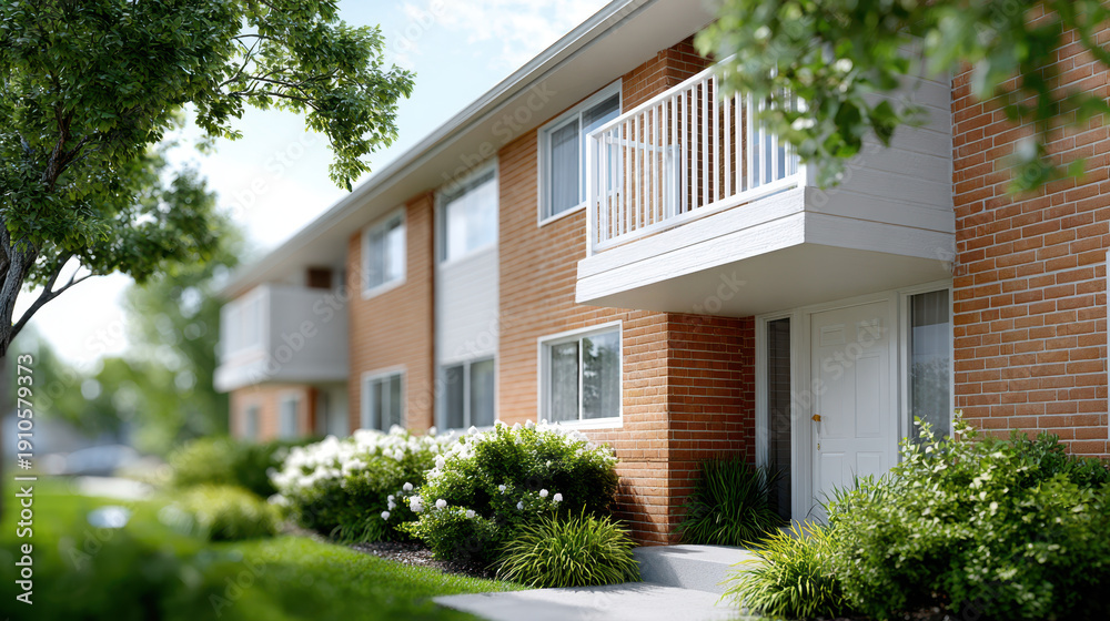 Fototapeta premium Classic mid-century residential block with low-pitched roofs and brick facade