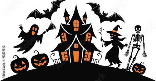 Halloween haunted house silhouette with witch ghost skeleton bats and pumpkins spooky vector illustration dark night horror background