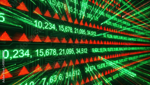 Green numeric data stream with red triangular indicators conveying dynamic market tension and digital motion