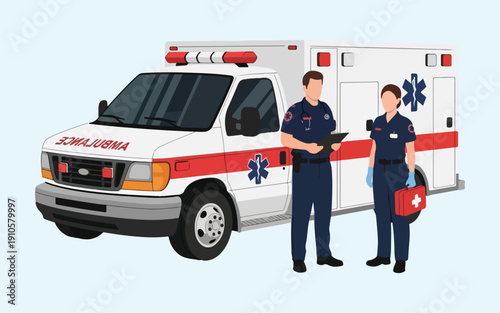 Emergency Response Scene: A pair of dedicated first responders, standing resolutely beside a ready ambulance, epitomize the spirit of rescue and service.