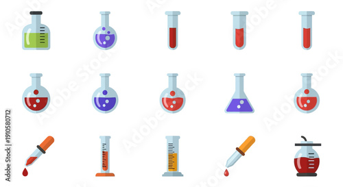 Set of Colorful Laboratory Glassware and Chemical Equipment on Isolated White Background