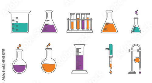 Colorful Laboratory Glassware and Chemical Equipment Icons Set on Isolated White Background
