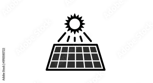 Black and White Solar Panel with Sun Rays Icon for Renewable Energy on Isolated White Background